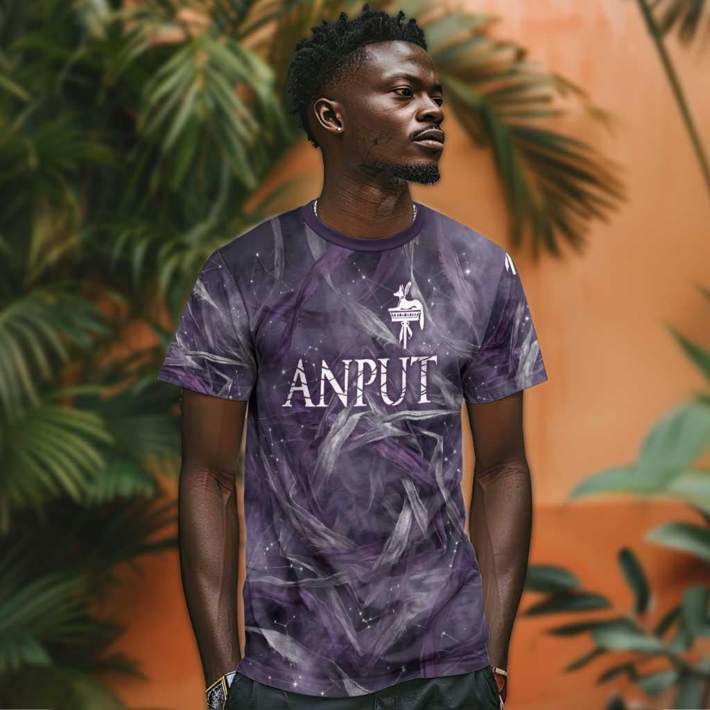 Anput Sacred Urn T shirt with Papyrus Flowers Egyptian Guardian in Violet Mist