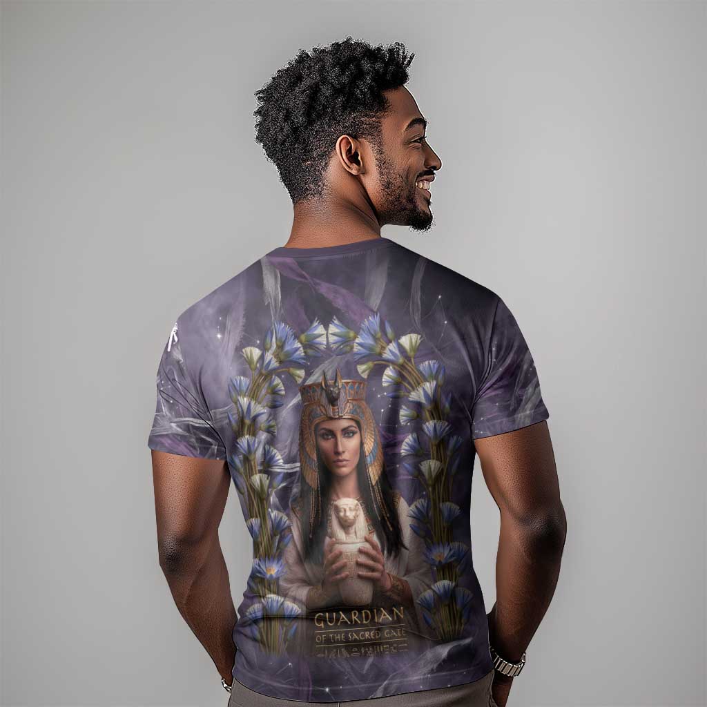 Anput Sacred Urn T shirt with Papyrus Flowers Egyptian Guardian in Violet Mist