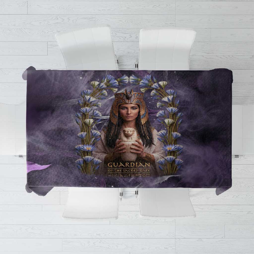 Anput Sacred Urn Tablecloth with Papyrus Flowers Egyptian Guardian in Violet Mist