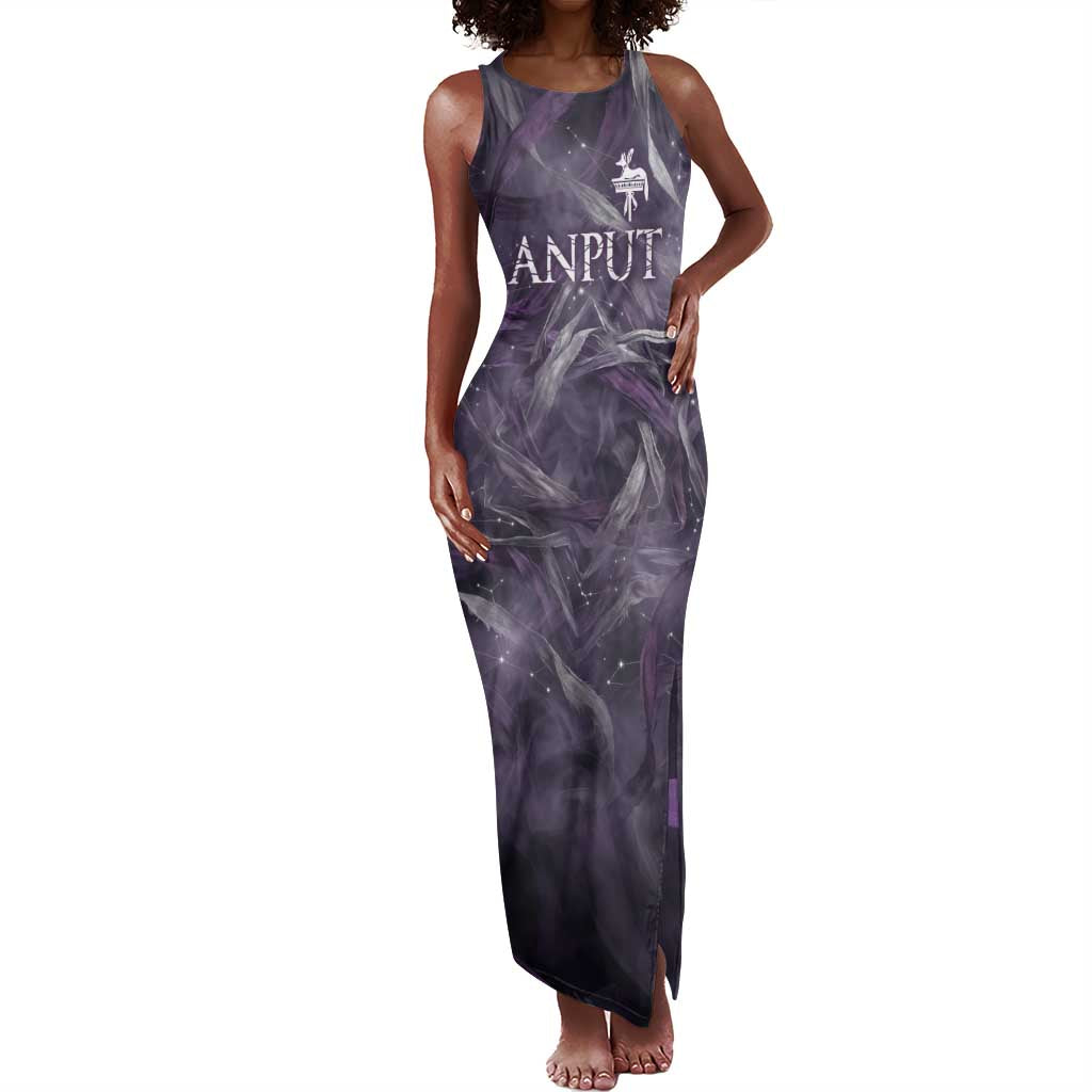 Anput Sacred Urn Tank Maxi Dress with Papyrus Flowers Egyptian Guardian in Violet Mist