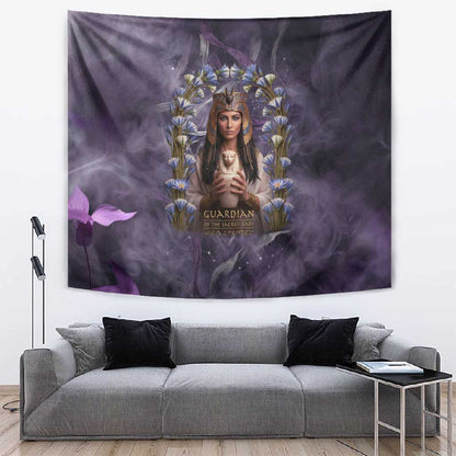 Anput Sacred Urn Tapestry with Papyrus Flowers Egyptian Guardian in Violet Mist