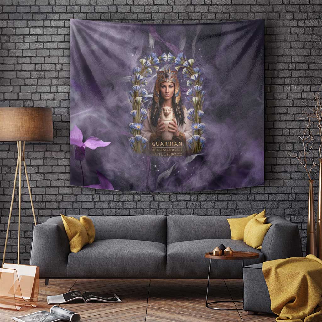 Anput Sacred Urn Tapestry with Papyrus Flowers Egyptian Guardian in Violet Mist
