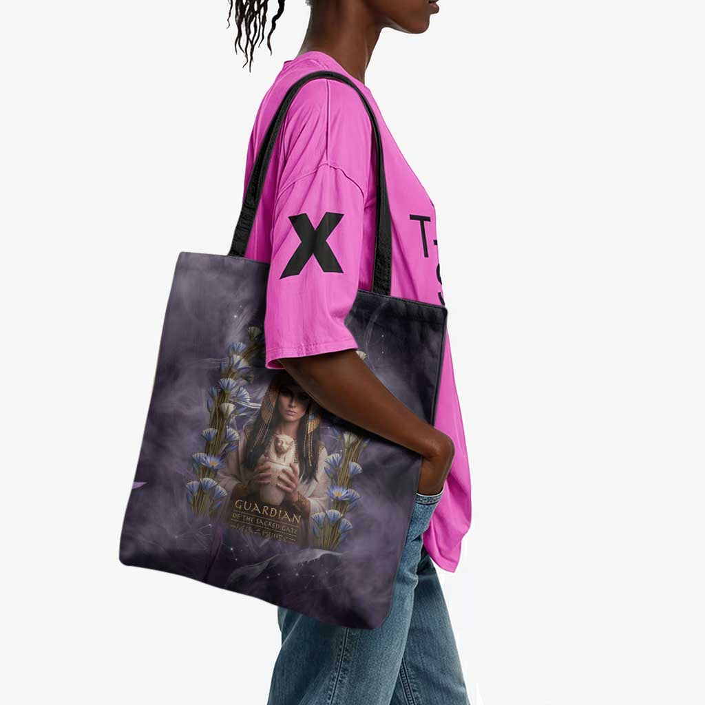 Anput Sacred Urn Tote Bag with Papyrus Flowers Egyptian Guardian in Violet Mist
