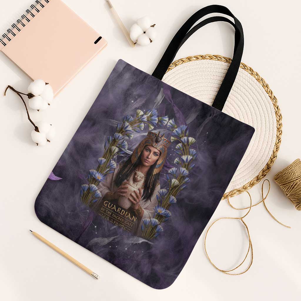 Anput Sacred Urn Tote Bag with Papyrus Flowers Egyptian Guardian in Violet Mist