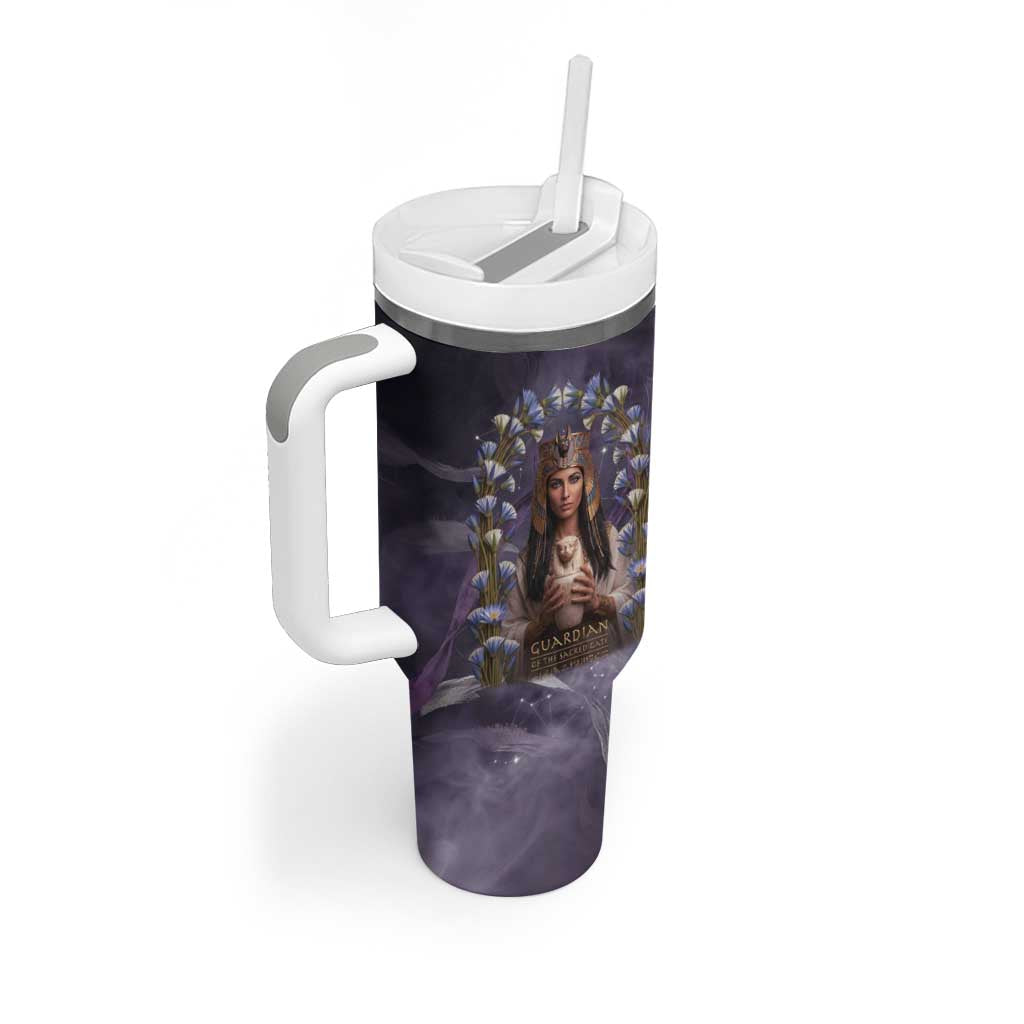 Anput Sacred Urn Tumbler With Handle with Papyrus Flowers Egyptian Guardian in Violet Mist