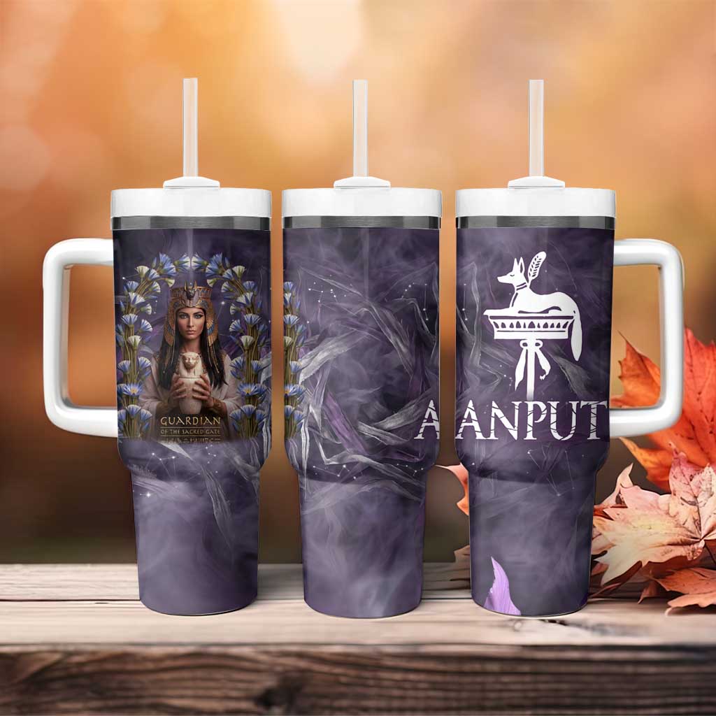 Anput Sacred Urn Tumbler With Handle with Papyrus Flowers Egyptian Guardian in Violet Mist