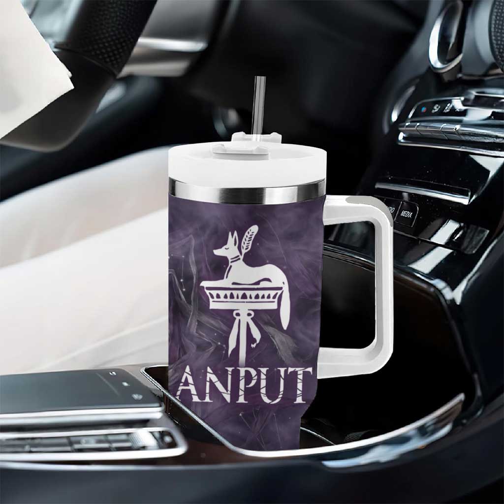 Anput Sacred Urn Tumbler With Handle with Papyrus Flowers Egyptian Guardian in Violet Mist