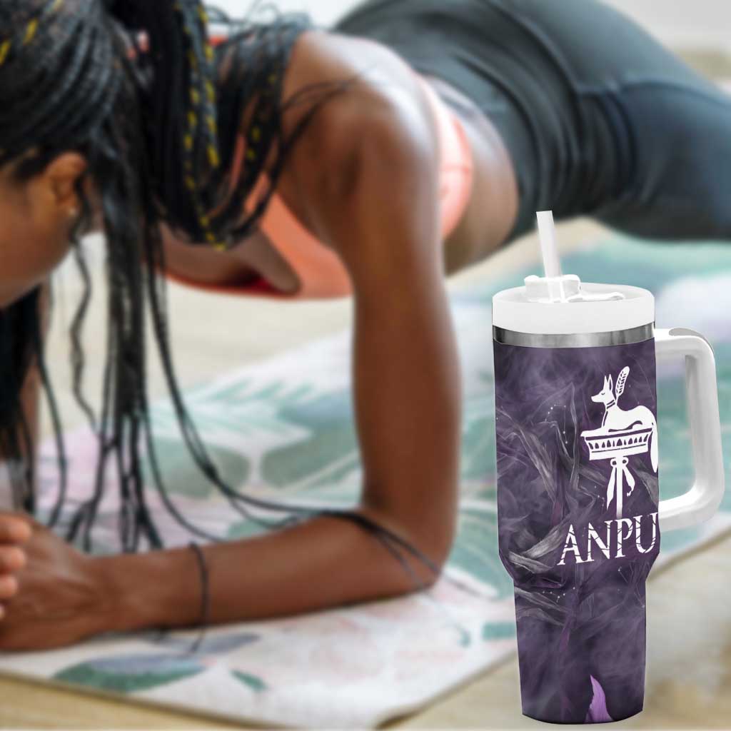 Anput Sacred Urn Tumbler With Handle with Papyrus Flowers Egyptian Guardian in Violet Mist