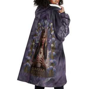 Anput Sacred Urn Wearable Blanket Hoodie with Papyrus Flowers Egyptian Guardian in Violet Mist