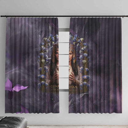 Anput Sacred Urn Window Curtain with Papyrus Flowers Egyptian Guardian in Violet Mist