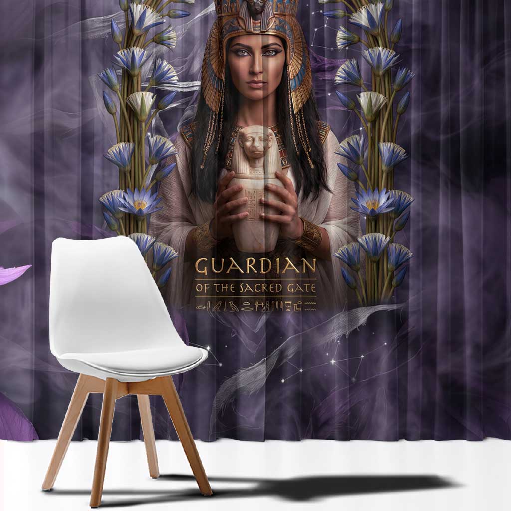Anput Sacred Urn Window Curtain with Papyrus Flowers Egyptian Guardian in Violet Mist