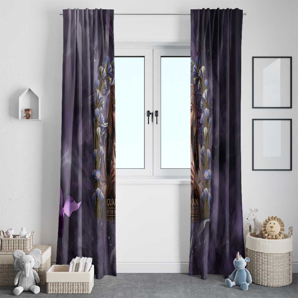 Anput Sacred Urn Window Curtain with Papyrus Flowers Egyptian Guardian in Violet Mist