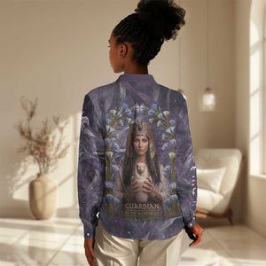 Anput Sacred Urn Women Casual Shirt with Papyrus Flowers Egyptian Guardian in Violet Mist