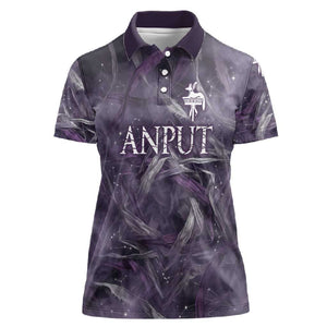 Anput Sacred Urn Women Polo Shirt with Papyrus Flowers Egyptian Guardian in Violet Mist