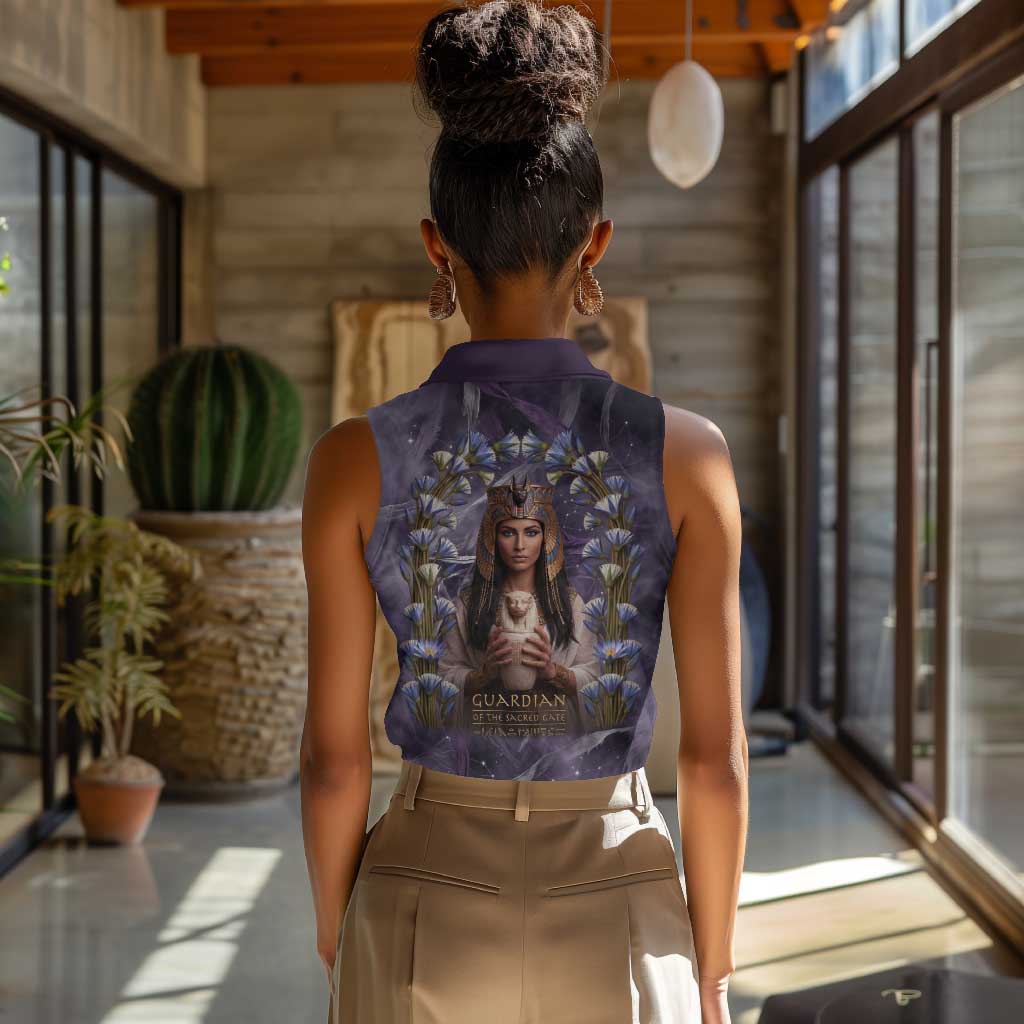 Anput Sacred Urn Women Sleeveless Polo Shirt with Papyrus Flowers Egyptian Guardian in Violet Mist