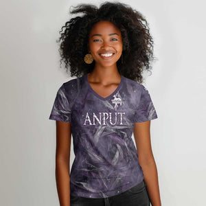 Anput Sacred Urn Women V-Neck T-Shirt with Papyrus Flowers Egyptian Guardian in Violet Mist