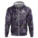 Anput Sacred Urn Zip Hoodie with Papyrus Flowers Egyptian Guardian in Violet Mist