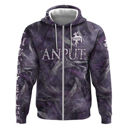 Anput Sacred Urn Zip Hoodie with Papyrus Flowers Egyptian Guardian in Violet Mist