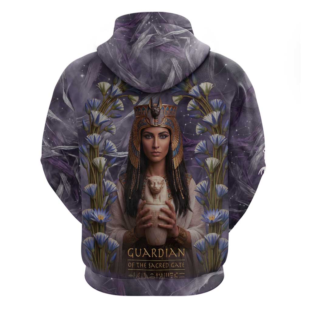 Anput Sacred Urn Zip Hoodie with Papyrus Flowers Egyptian Guardian in Violet Mist