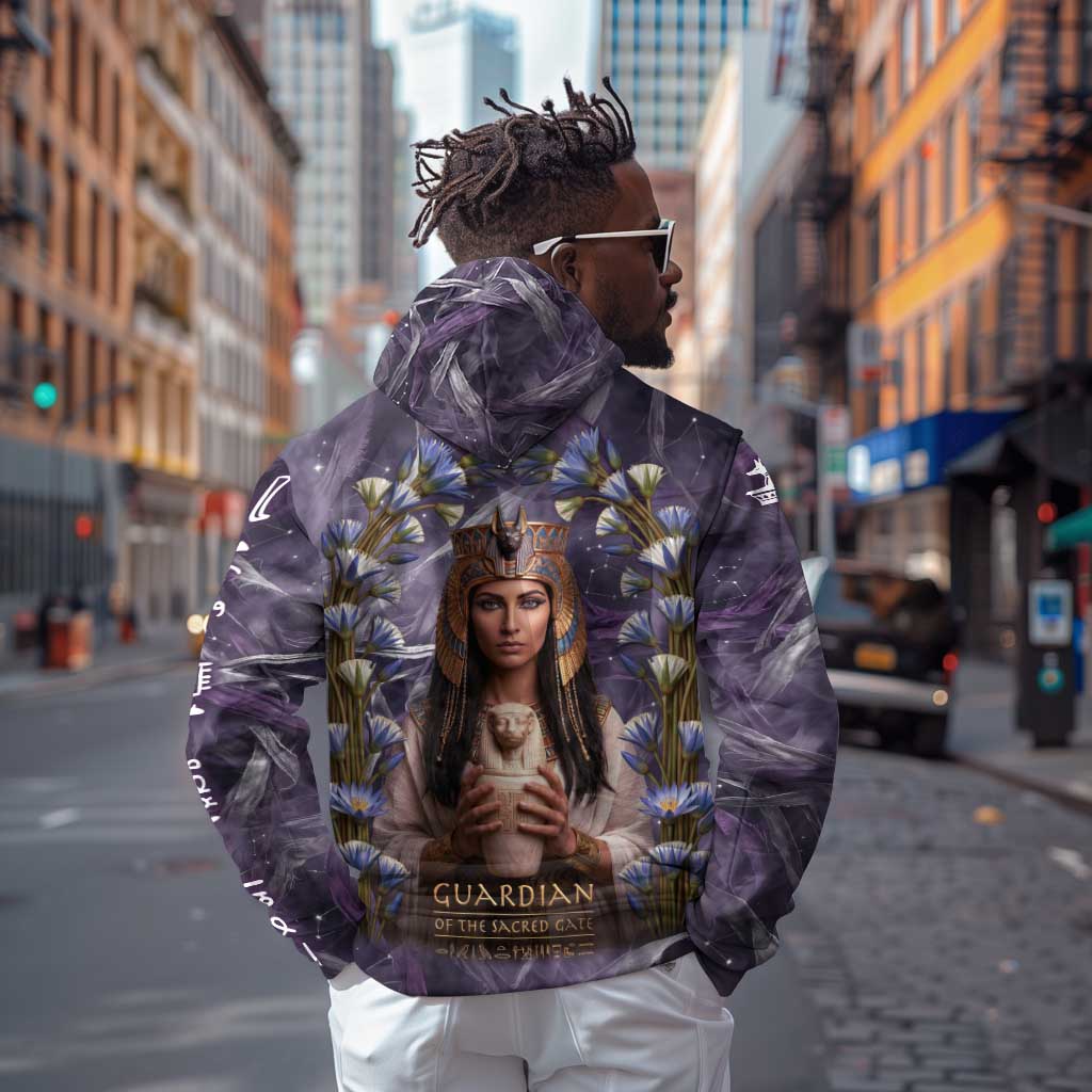 Anput Sacred Urn Zip Hoodie with Papyrus Flowers Egyptian Guardian in Violet Mist