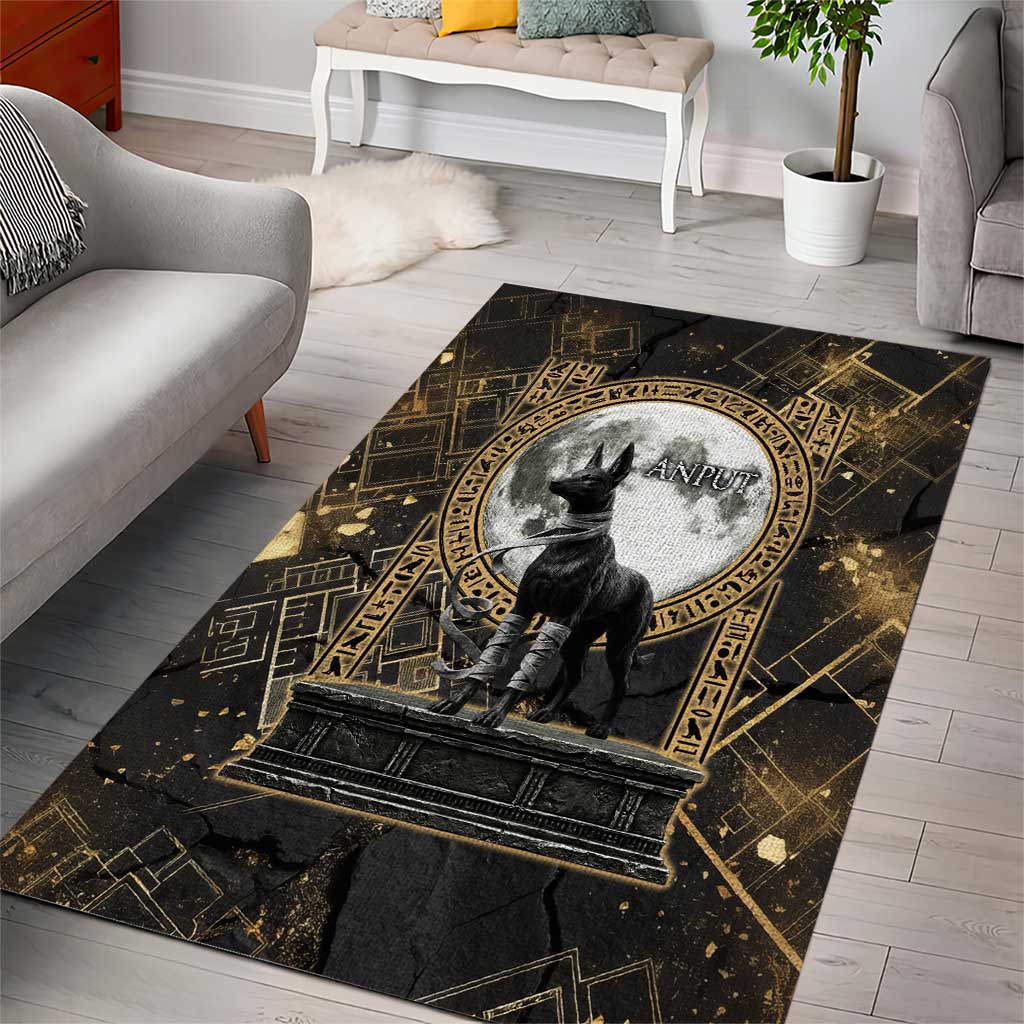 Anput Jackal Mask Area Rug with Full Moon Egyptian Afterlife Symbolism