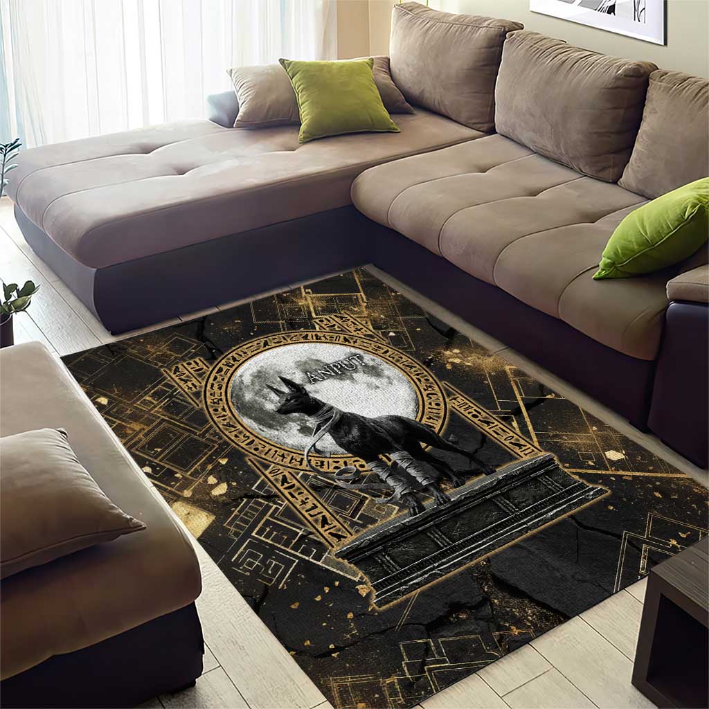 Anput Jackal Mask Area Rug with Full Moon Egyptian Afterlife Symbolism