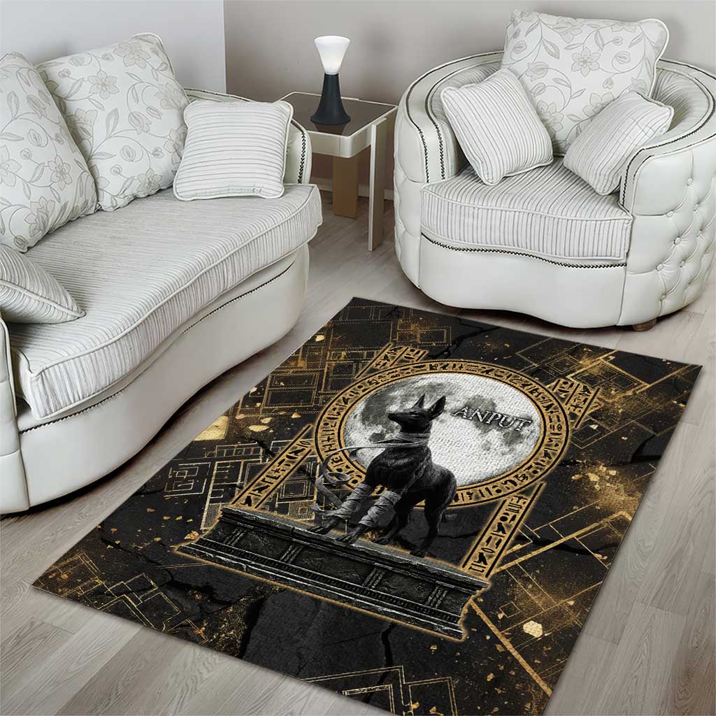 Anput Jackal Mask Area Rug with Full Moon Egyptian Afterlife Symbolism