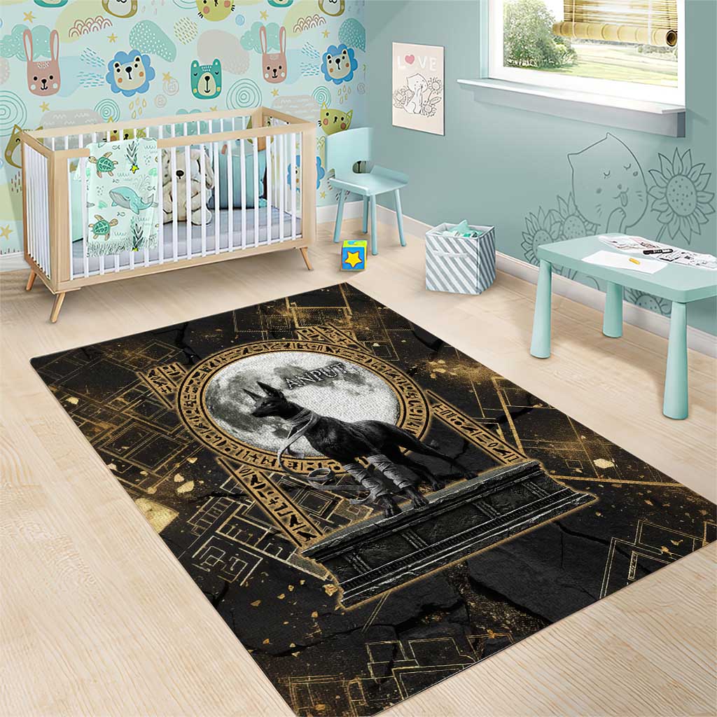 Anput Jackal Mask Area Rug with Full Moon Egyptian Afterlife Symbolism