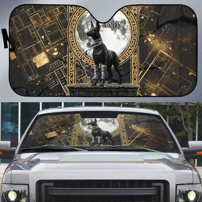 Anput Jackal Mask Auto Sun Shade with Full Moon Egyptian Afterlife Symbolism