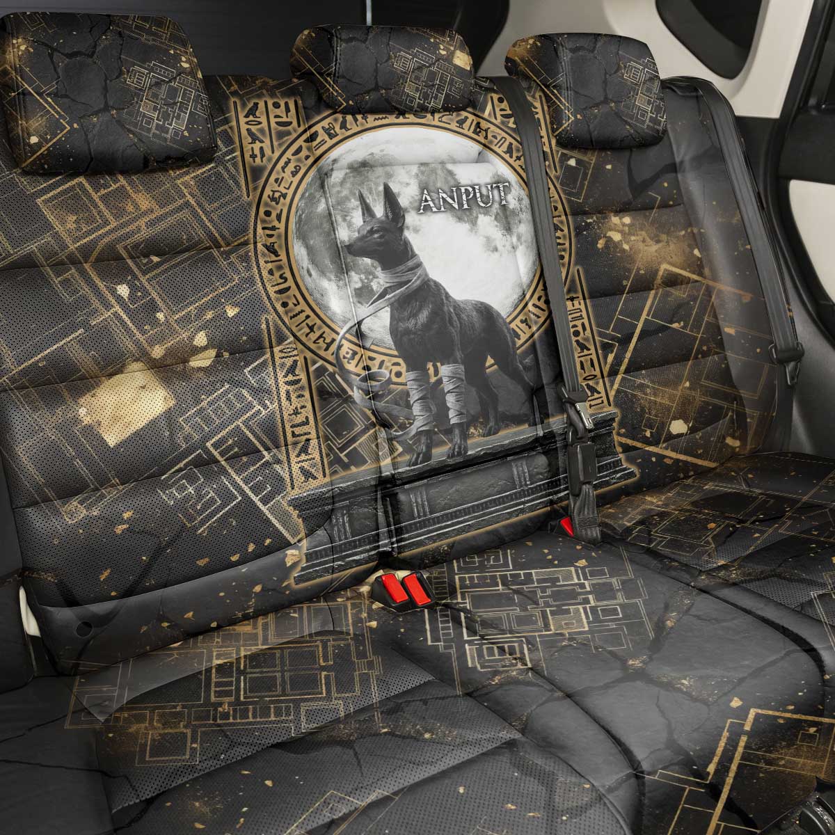 Anput Jackal Mask Back Car Seat Cover with Full Moon Egyptian Afterlife Symbolism