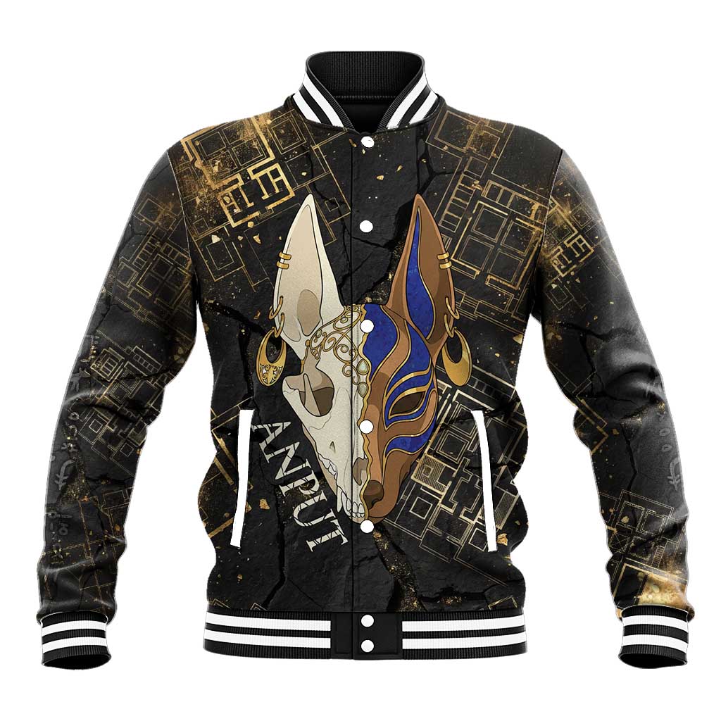 Anput Jackal Mask Baseball Jacket with Full Moon Egyptian Afterlife Symbolism