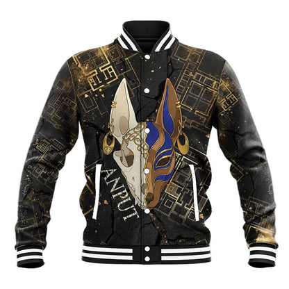 Anput Jackal Mask Baseball Jacket with Full Moon Egyptian Afterlife Symbolism