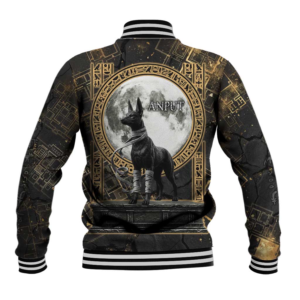 Anput Jackal Mask Baseball Jacket with Full Moon Egyptian Afterlife Symbolism