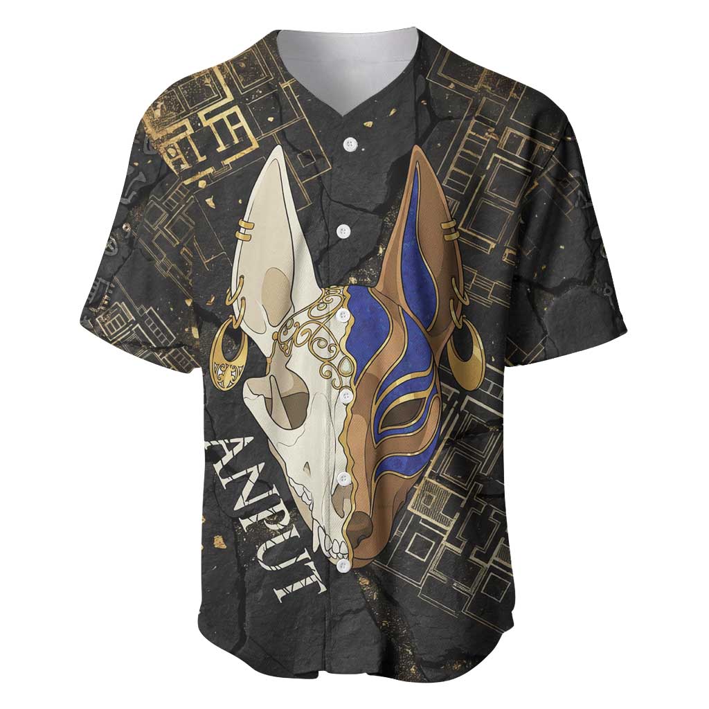 Anput Jackal Mask Baseball Jersey with Full Moon Egyptian Afterlife Symbolism