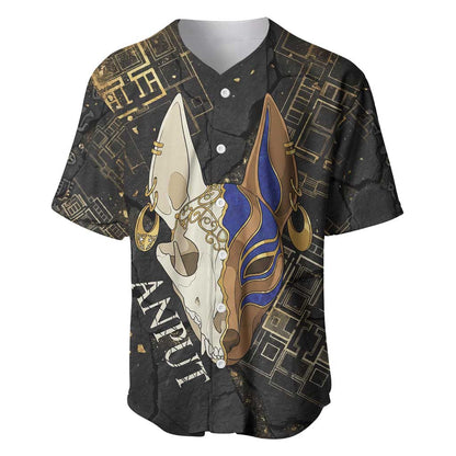 Anput Jackal Mask Baseball Jersey with Full Moon Egyptian Afterlife Symbolism