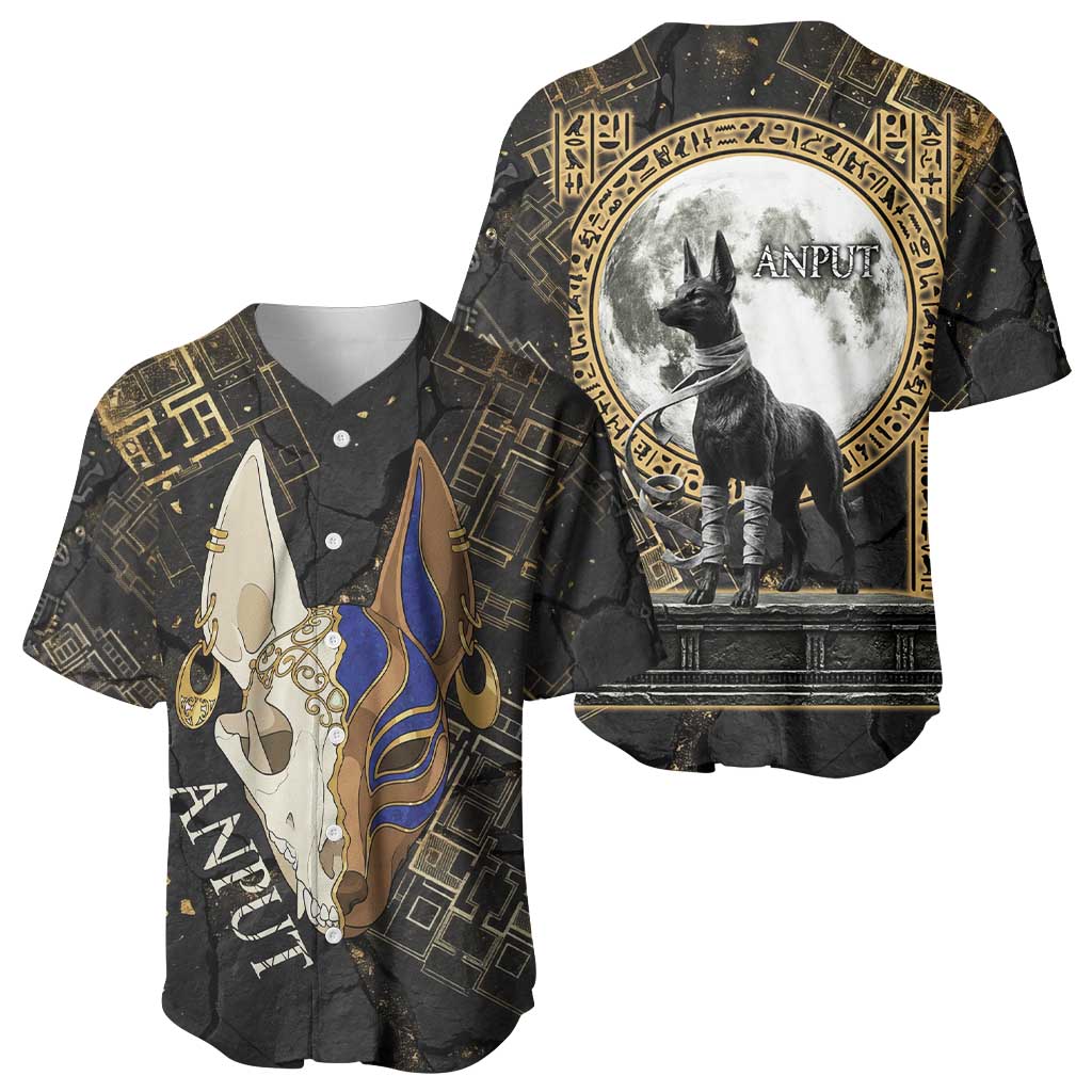 Anput Jackal Mask Baseball Jersey with Full Moon Egyptian Afterlife Symbolism