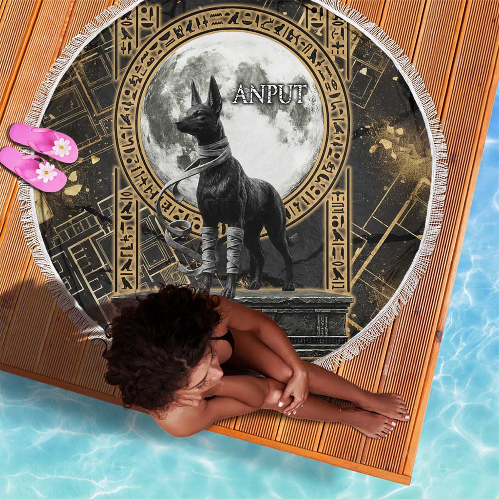 Anput Jackal Mask Beach Blanket with Full Moon Egyptian Afterlife Symbolism