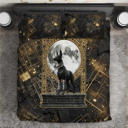 Anput Jackal Mask Bedding Set with Full Moon Egyptian Afterlife Symbolism