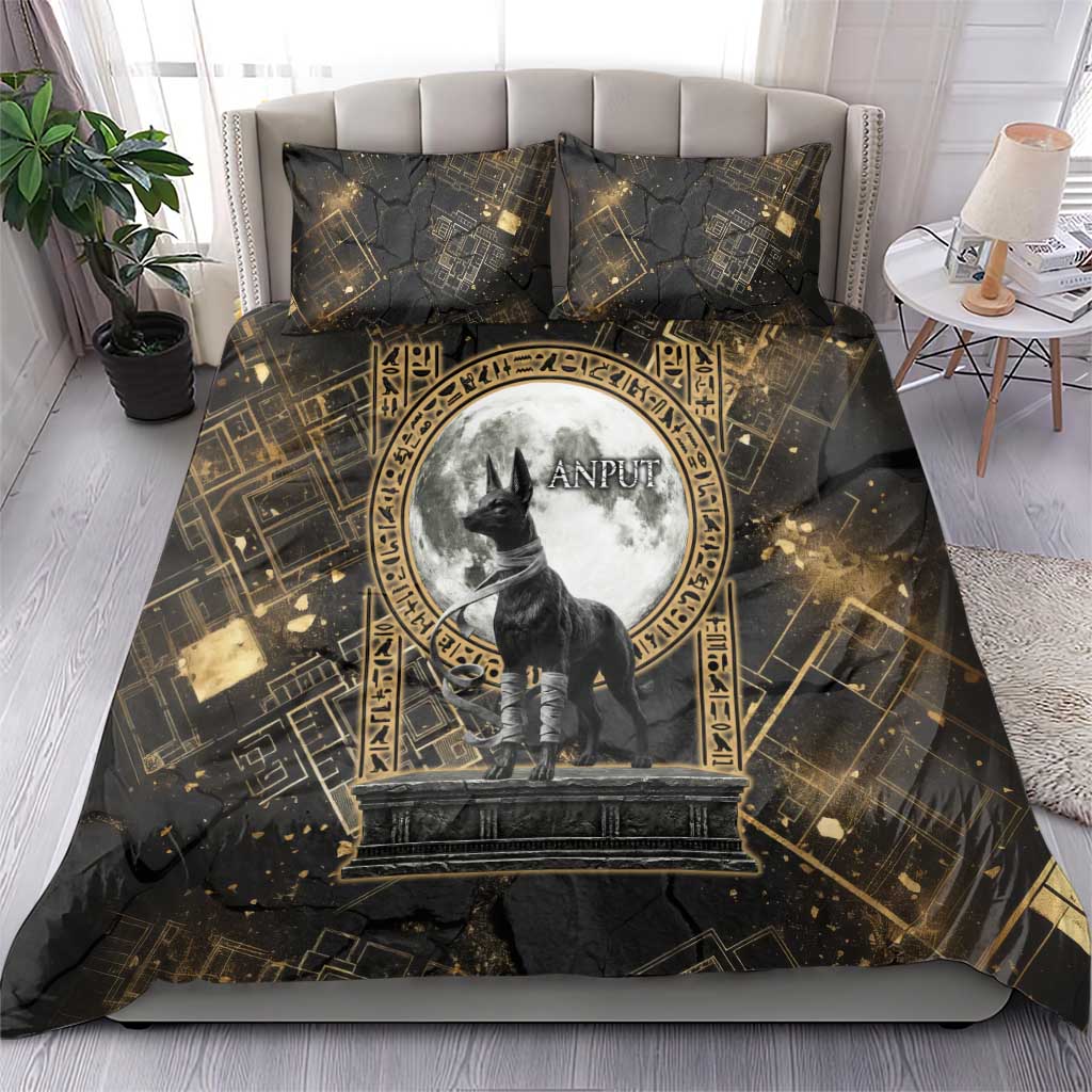 Anput Jackal Mask Bedding Set with Full Moon Egyptian Afterlife Symbolism