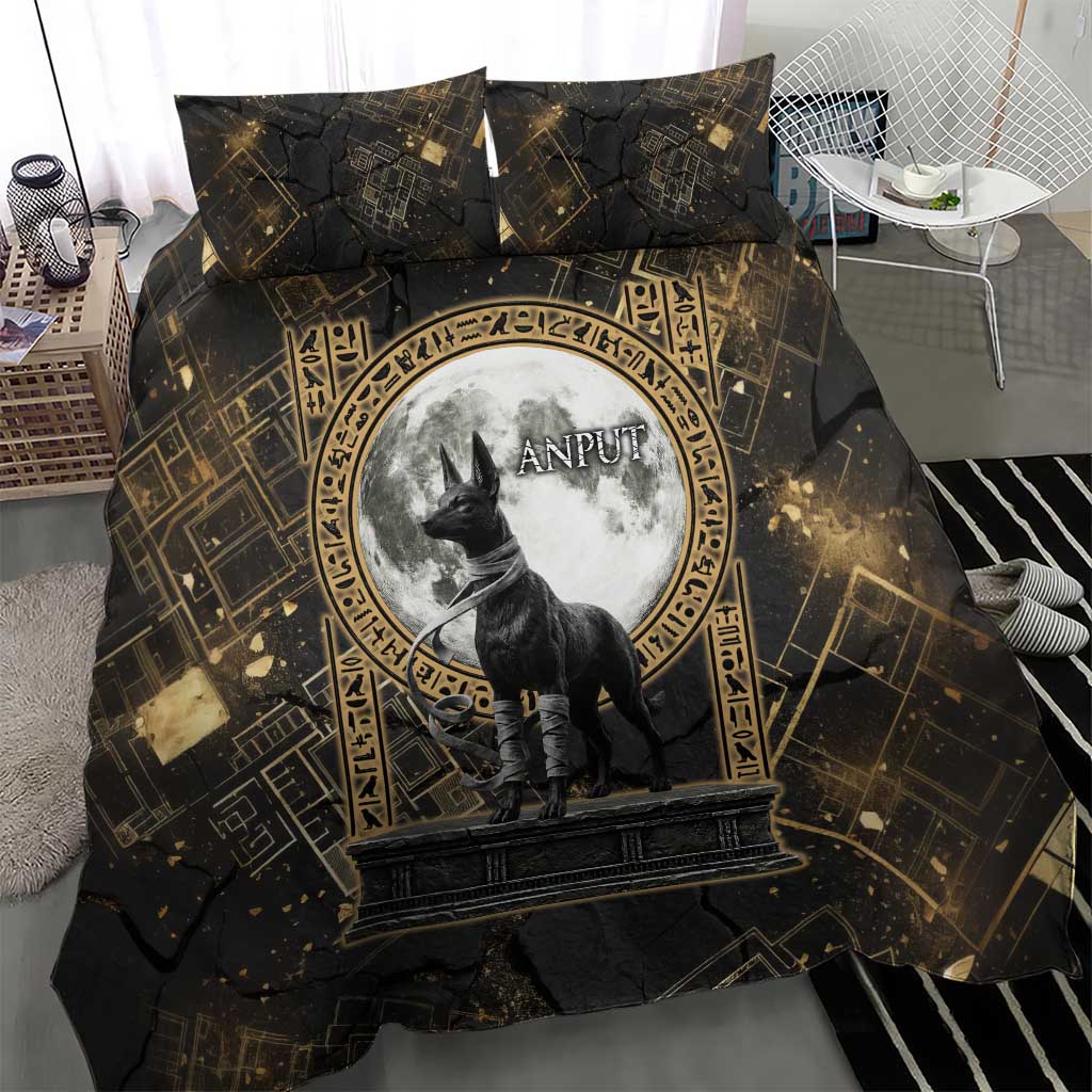 Anput Jackal Mask Bedding Set with Full Moon Egyptian Afterlife Symbolism