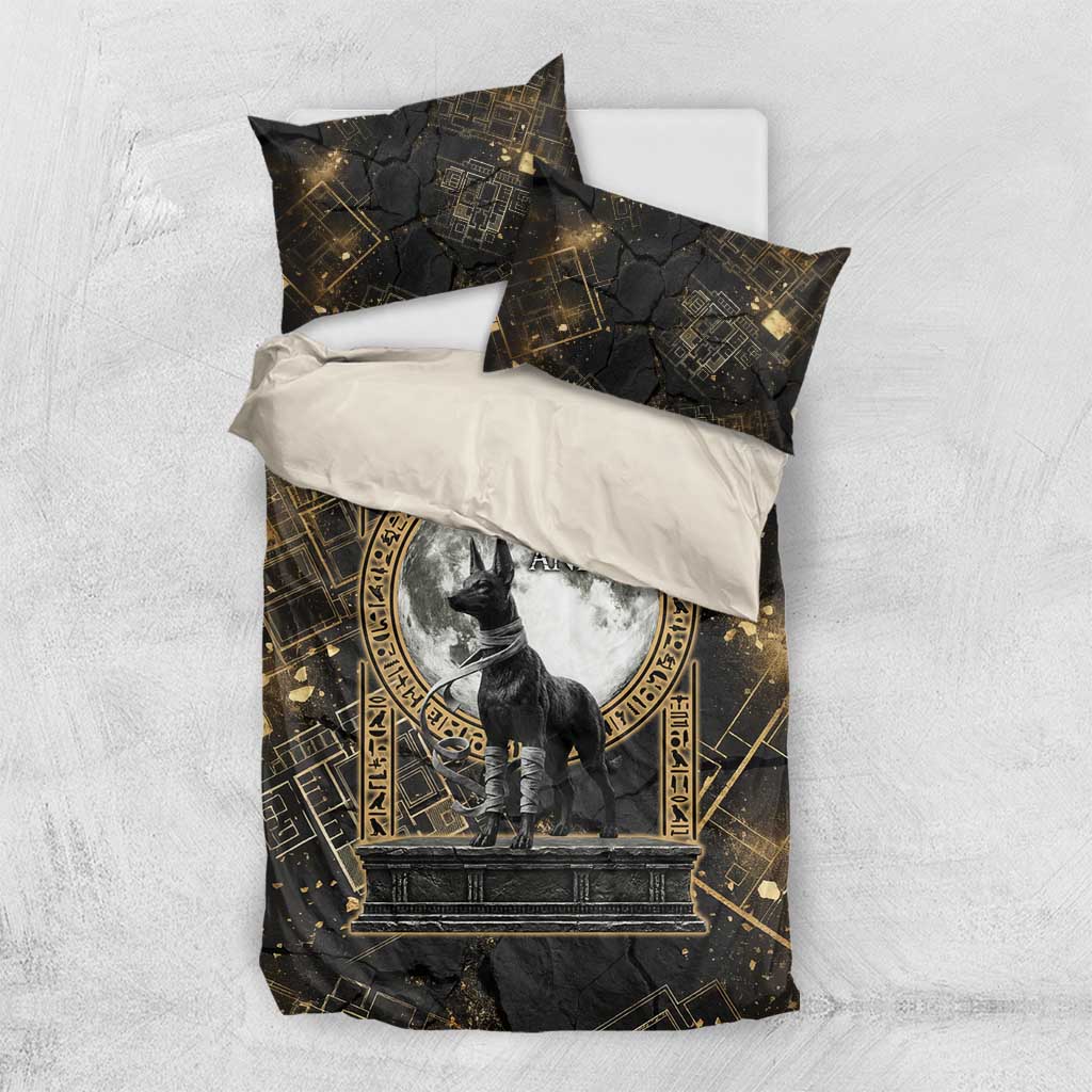 Anput Jackal Mask Bedding Set with Full Moon Egyptian Afterlife Symbolism