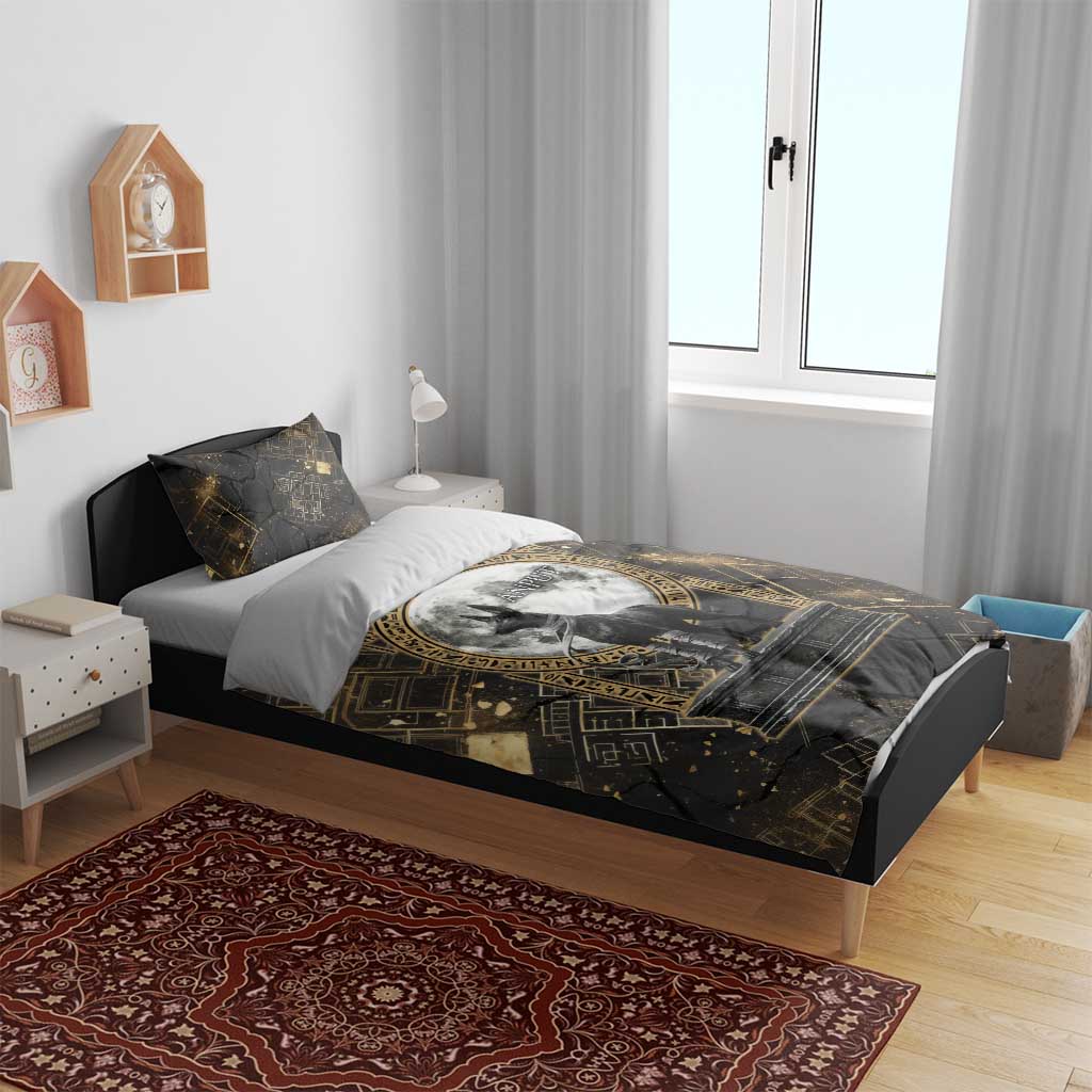 Anput Jackal Mask Bedding Set with Full Moon Egyptian Afterlife Symbolism