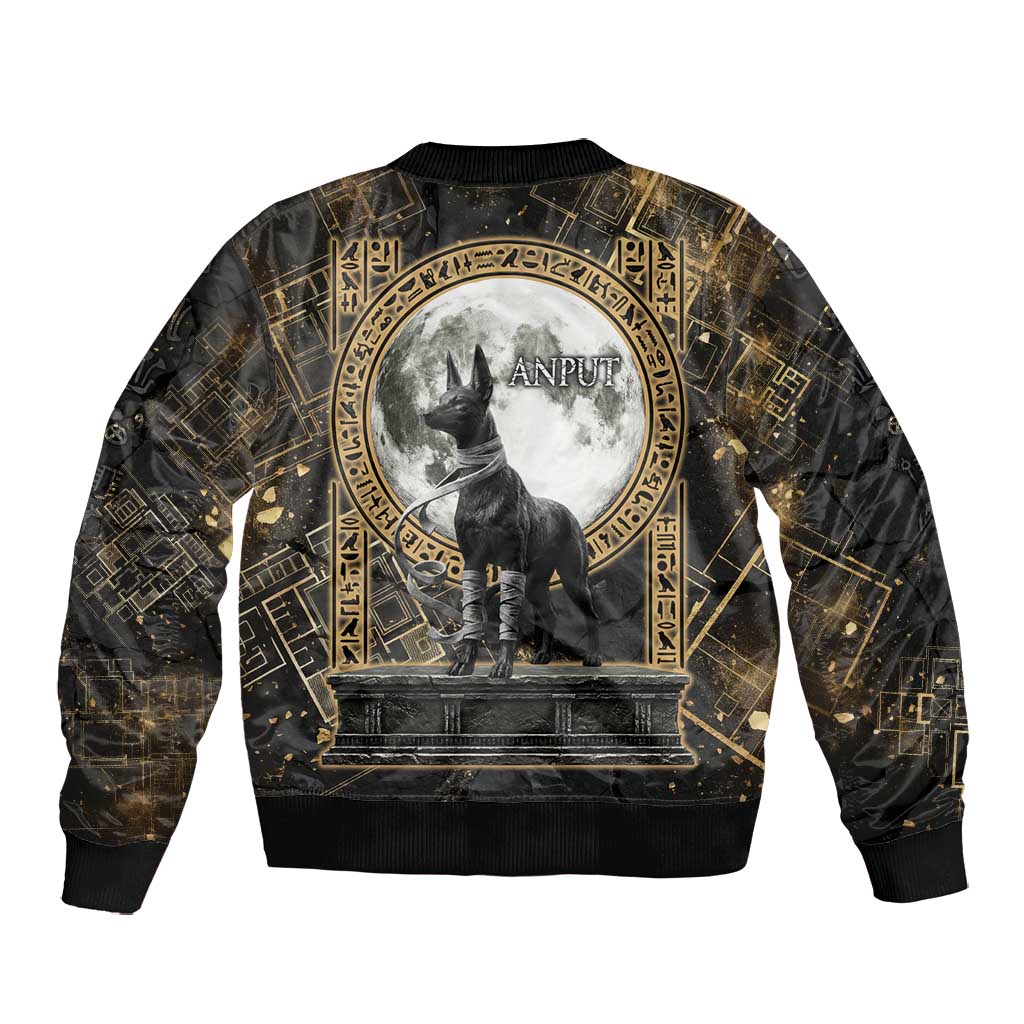 Anput Jackal Mask Bomber Jacket with Full Moon Egyptian Afterlife Symbolism