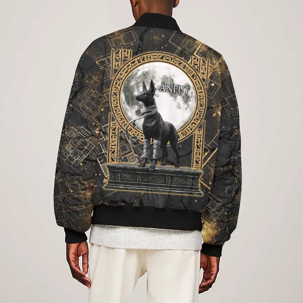 Anput Jackal Mask Bomber Jacket with Full Moon Egyptian Afterlife Symbolism