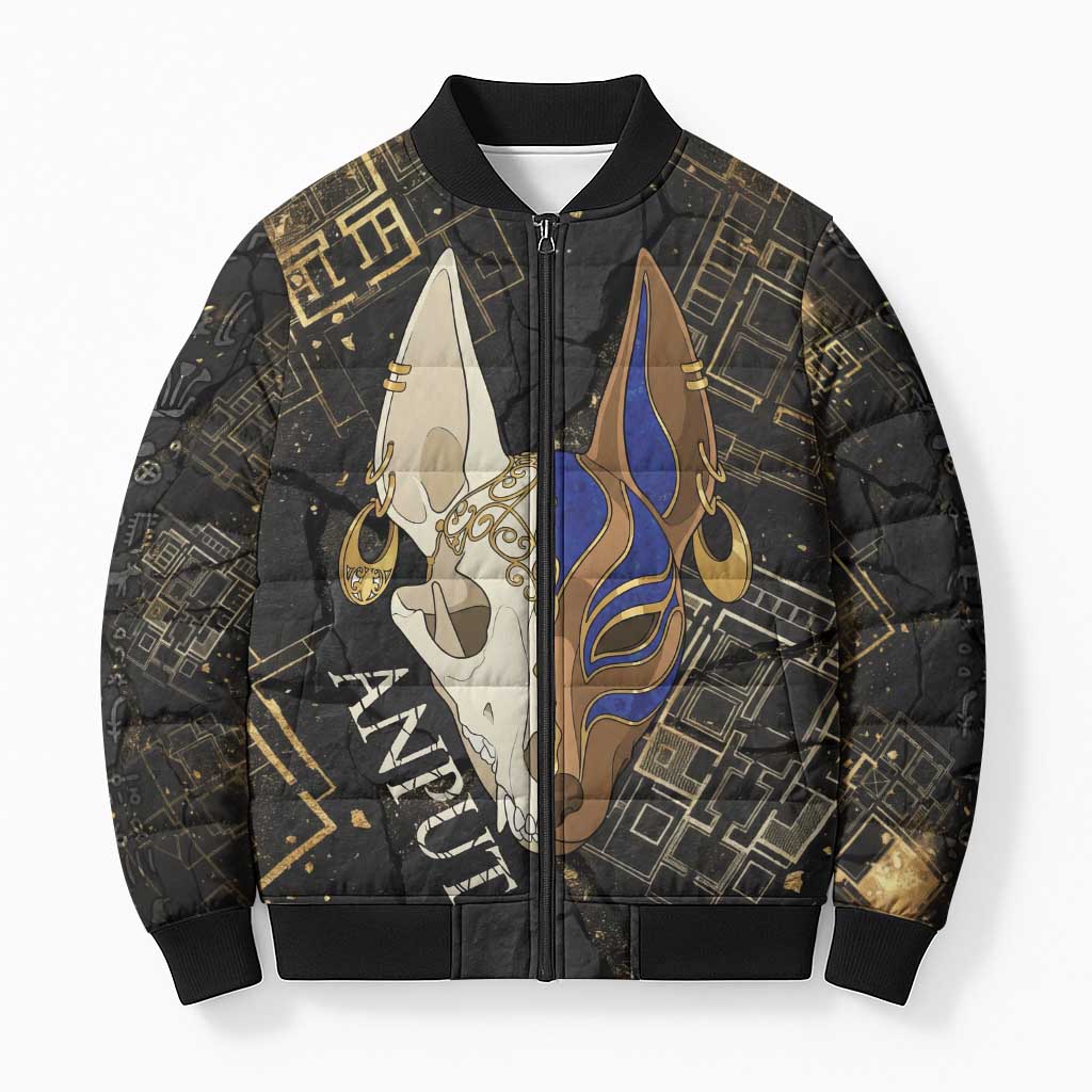 Anput Jackal Mask Bomber Puffer Jacket with Full Moon Egyptian Afterlife Symbolism