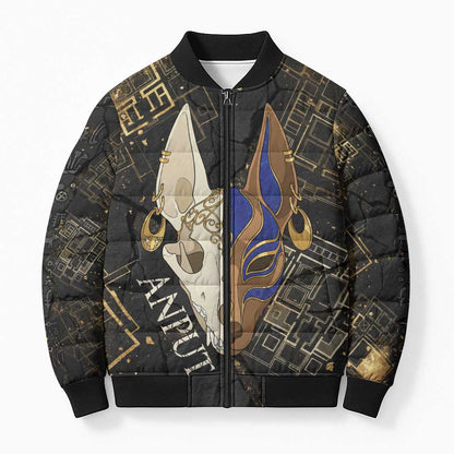 Anput Jackal Mask Bomber Puffer Jacket with Full Moon Egyptian Afterlife Symbolism