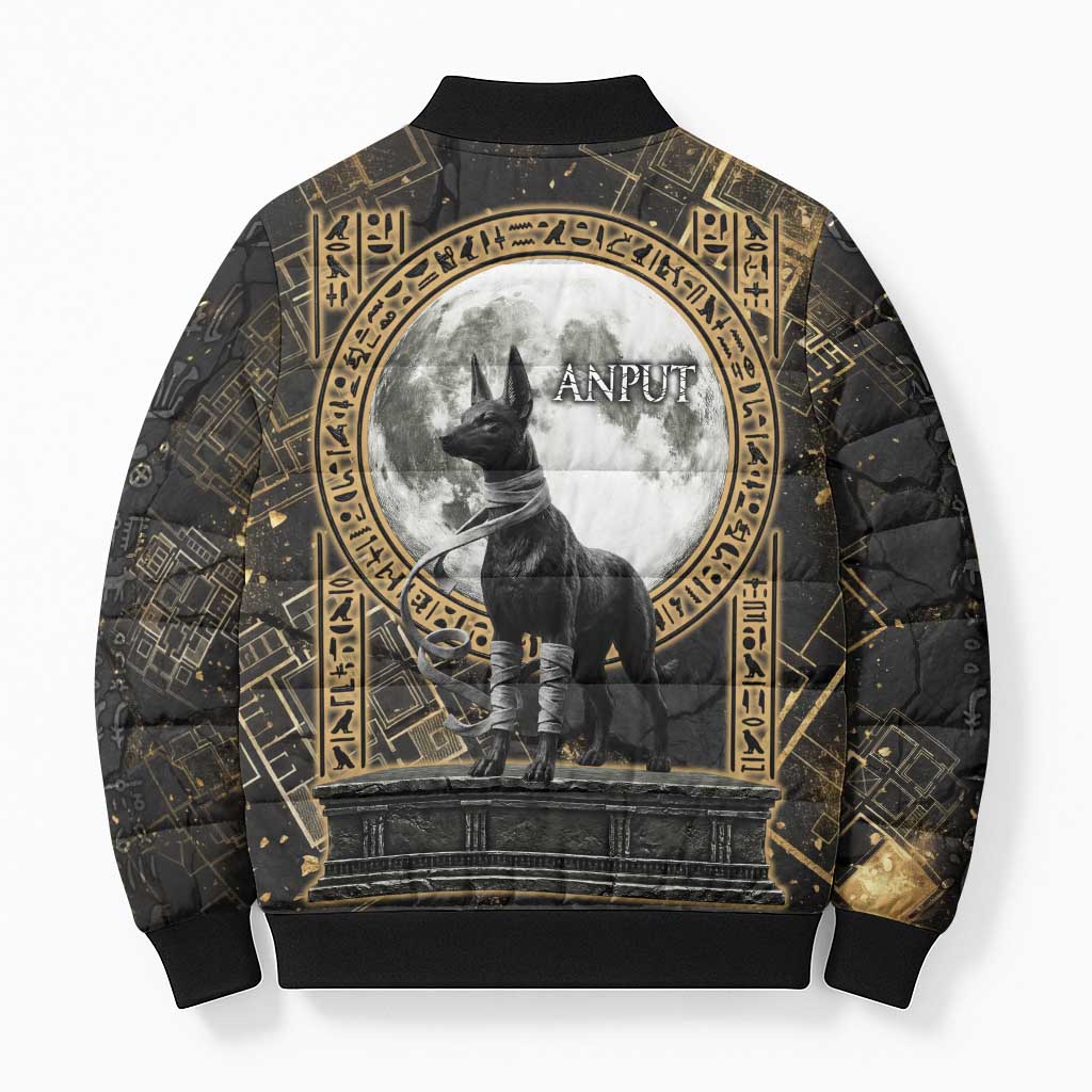 Anput Jackal Mask Bomber Puffer Jacket with Full Moon Egyptian Afterlife Symbolism