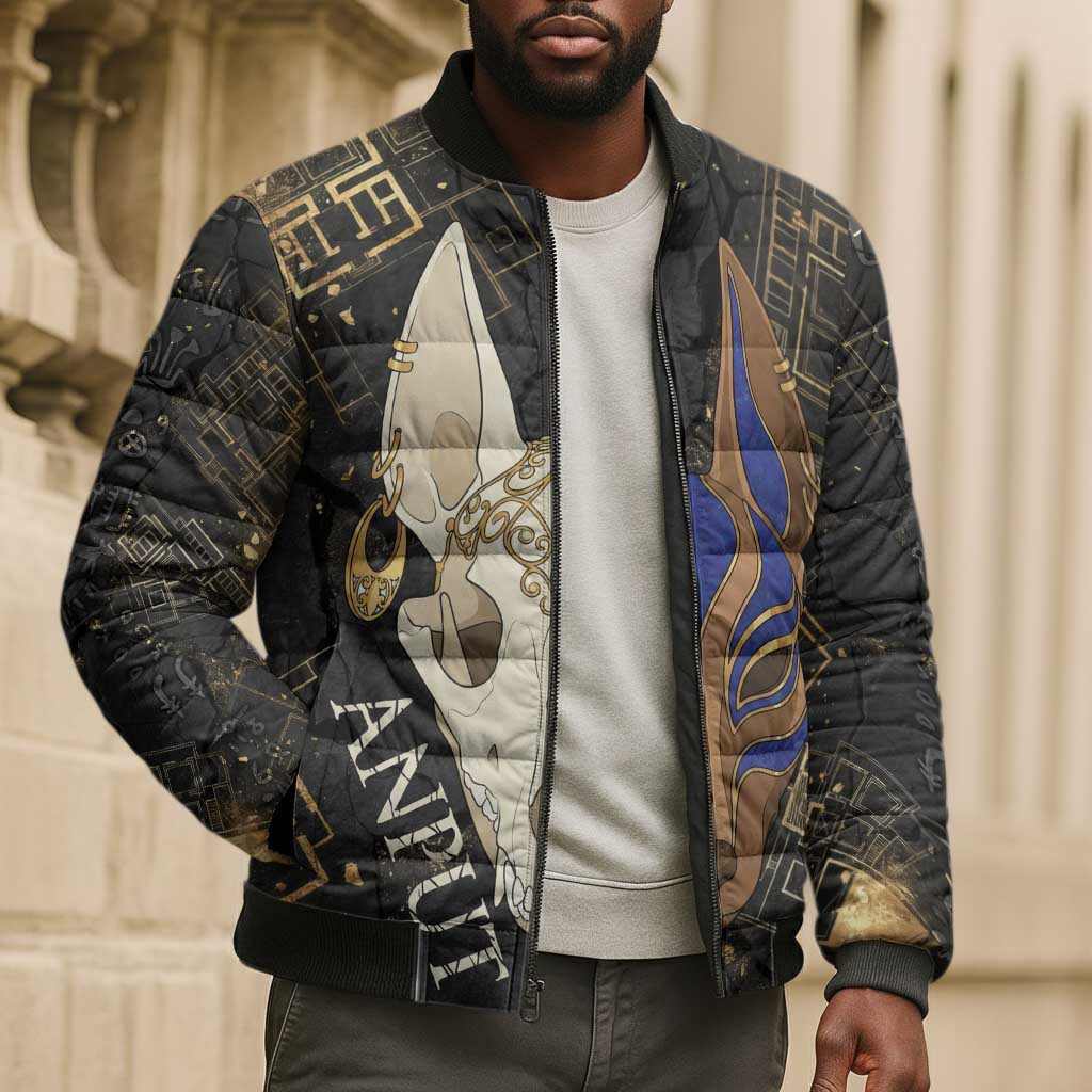 Anput Jackal Mask Bomber Puffer Jacket with Full Moon Egyptian Afterlife Symbolism