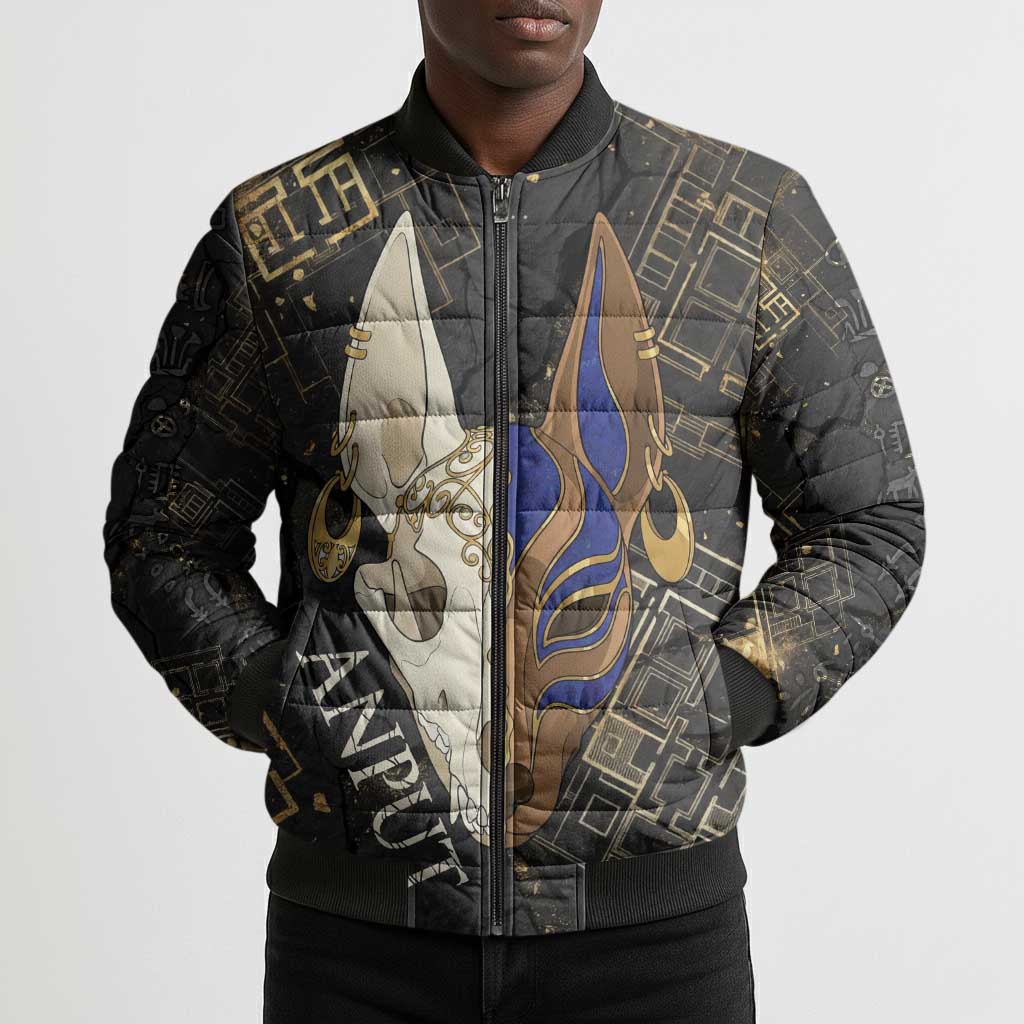 Anput Jackal Mask Bomber Puffer Jacket with Full Moon Egyptian Afterlife Symbolism