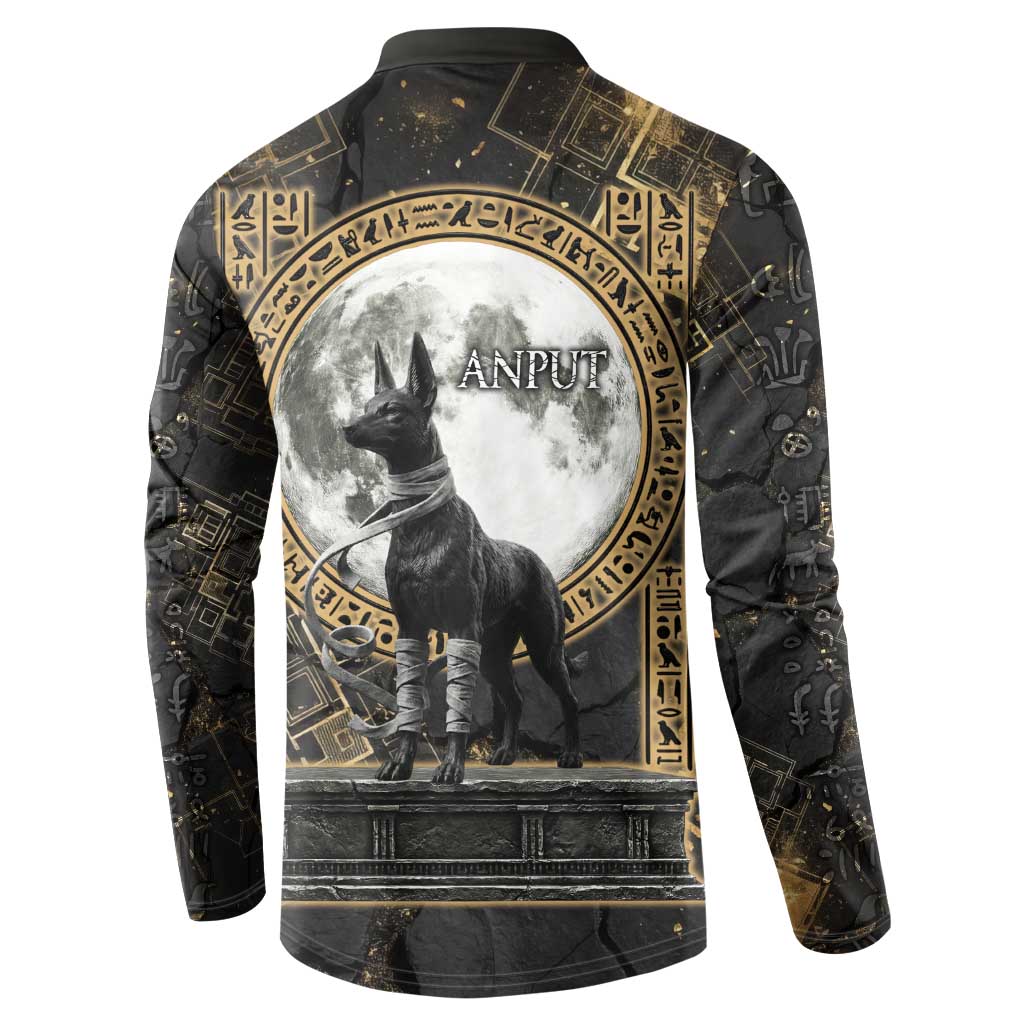 Anput Jackal Mask Button Sweatshirt with Full Moon Egyptian Afterlife Symbolism